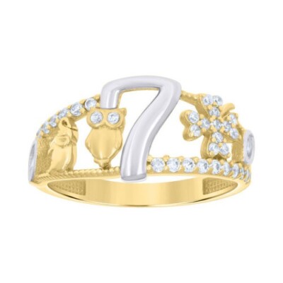 10K zweifarbiges Gold Damen Mädchen CZ Elefant Eule Kleeblatt 7 Glück Ring Band