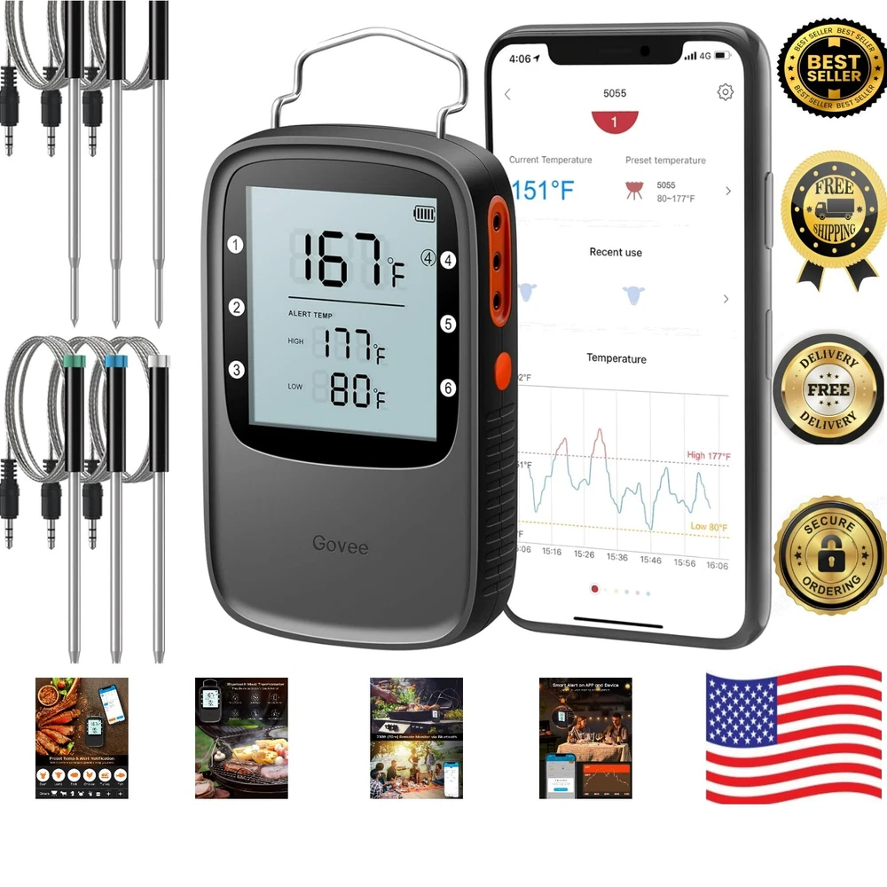Wireless Meat Thermometer with 6 Probes and Smart LCD Backlight - Precision C...
