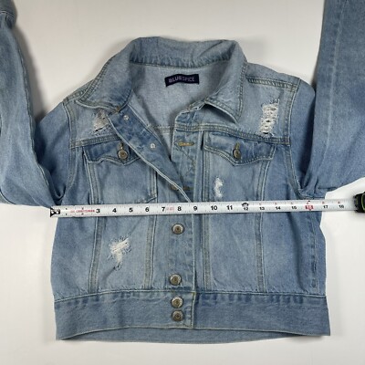 TEENS JUNIORS BLUE SPICE DENIM CROPPED JACKET DISTRESSED SIZE L | eBay
