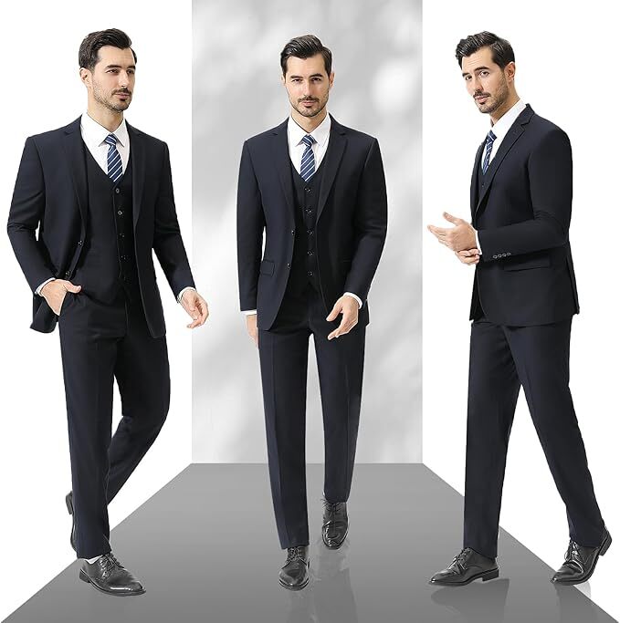 『TSJ SUITS 3P NAVY L』 NEW Mens Suit Basic Solid 3 Pc w Free Tie Slim Fit Notch