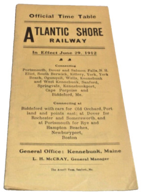 JUNE 1912 ATLANTIC SHORE RAILWAY PUBLIC TIMETABLE REPRINT
