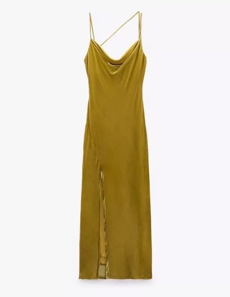 Zara Mustard Velvet Y2k Style Draped Strappy Back Long Slit Slip