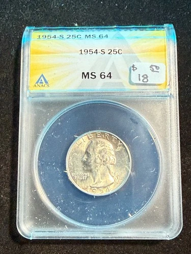 1954 S WASHINGTON QUARTER ANACS MS 64