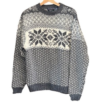 Vintage Trader Bay Sweater Fair Isle Snowflake Grandpacore Cabin Knit Gray White