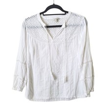 Lucky Brand White Eyelet Lace Peasant Blouse Tassel Tie Split Neck Top Small