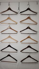Lot of 12 Wood Clothing Hangers All Have Loop Pant Hooks Classic Styles Logos