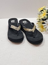 Yellow Box Mellow Mat Women s Black Embellished Wedge Thong Sandals Sz 9