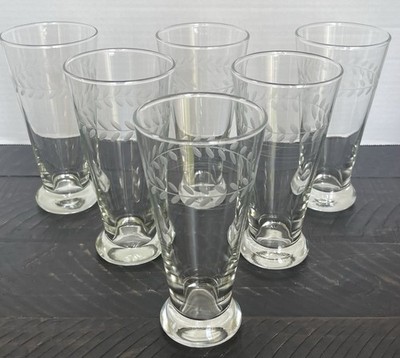  6 Vintage Anchor Hocking Etched Laurel Leaf Clear Pilsner Beer Glasses 10oz