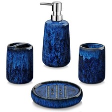 Blue Bathroom Accessories Set, Ceramic Soap Dispenser and Toothbrush Holder S...