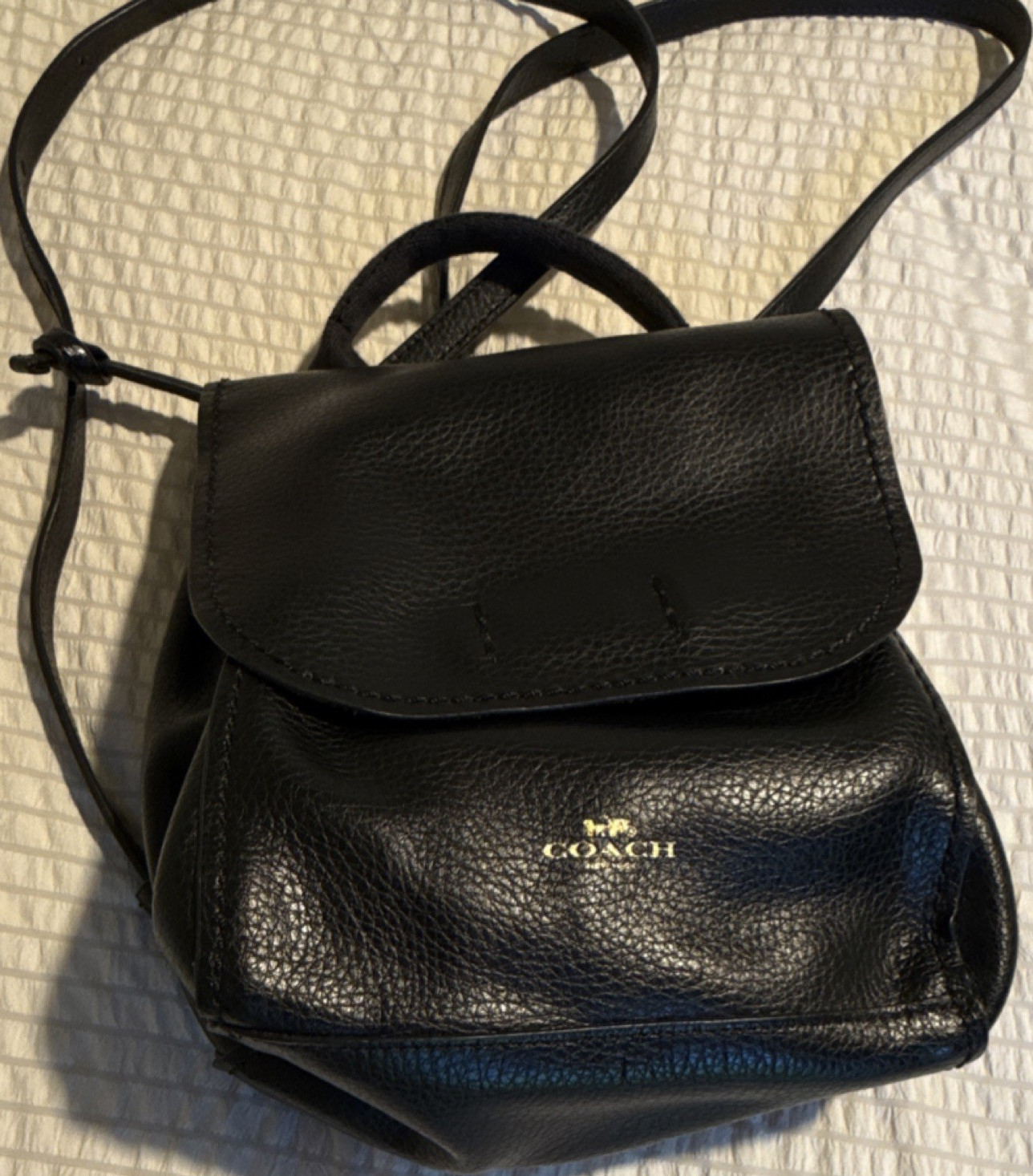 Coach Black Pebbled Drawstring & Snap Small Backpack w/ Gold Hardware