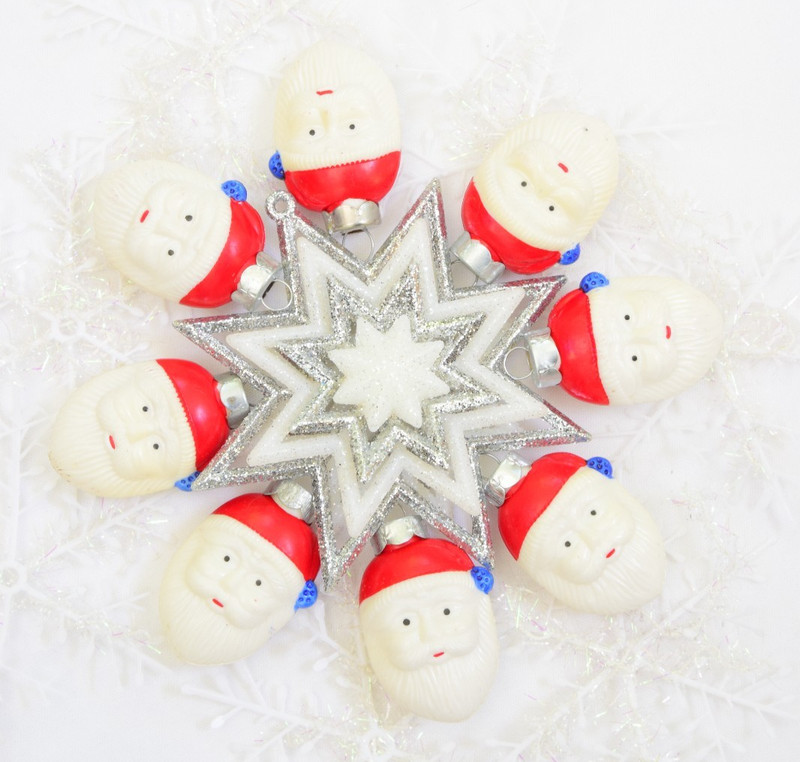 Eight Hard Plastic Santa Face Feather Tree Size Christmas Ornaments