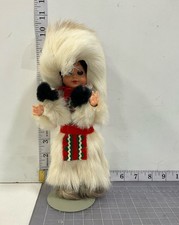Ceramic Eskimo Style Doll 11 Inch White Faux Fur Parka With Display Stand