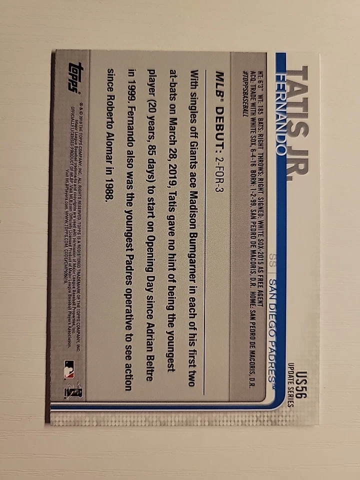 Tarjeta de novato de béisbol Fernando Tatis Jr. ~ 2019 Topps Update #US56 (debut de novato) Foto 2 de 2
