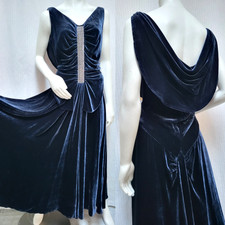 J Peterman Fabulous 1930s Style Draped Rayon Silk Blue Velvet Gown - Size 12