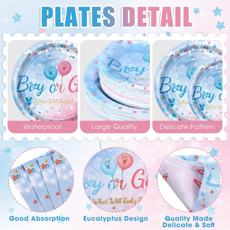 Gender Reveal Plates and Napkins Cups Sets with Spoons Forks Knives for Pink ... - Image 2 of 4
