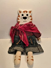 CAT Primitive Rustic Wood Decor Farmhouse Country Folk Art Red Bandana Denim