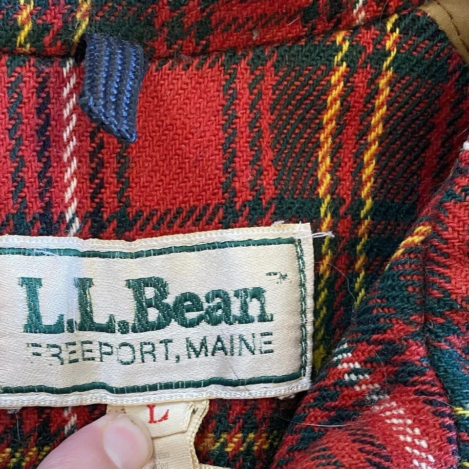 LL Bean Coat Jacket Men's Tan Sz L Long Wool Plaid Lining Barn Chore Vintage - Image 2 of 4