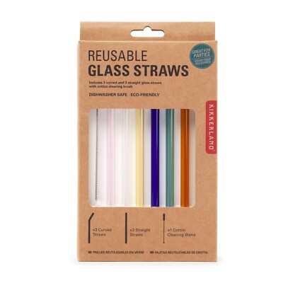 Trinkhalme Strohhalme aus buntem Glas, Reusable Glass Straws, 6 Stück mit Bürste