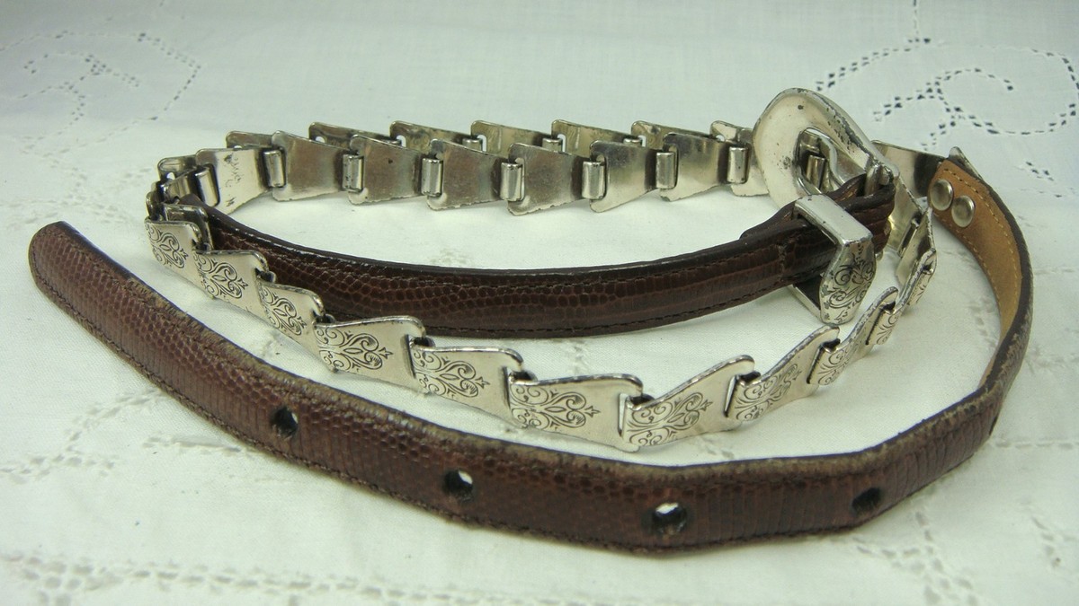 Brighton Brown Leather Mixed Patterned Sliver Embellished Belt Small Silver Links Belt - Brighton main image 3