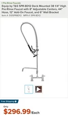 38 1/4" High Pre-Rinse Faucet with 8" Adjustable Centers, 44" Hose