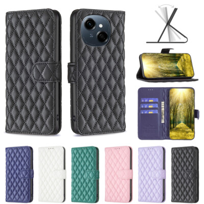 For Tecno pop 9, Luxury Lattice Leather Wallet Flip Card Slot Purse Case Cover