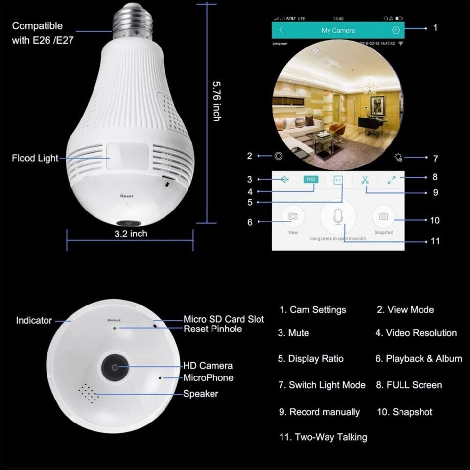 Wifi Security Camera, LESHP Wireless 360 Wide Angle Light Bulb Hidden