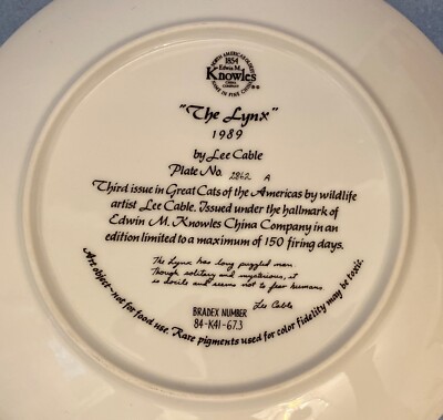 1989 Edwin M Knowles China Co The Lynx Lee Cable Plate Bradex COA