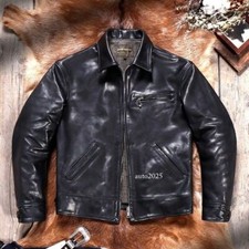 Mens Veg-tanned Cowhide Leather Vintage Style American Casual Retro Biker Jacket