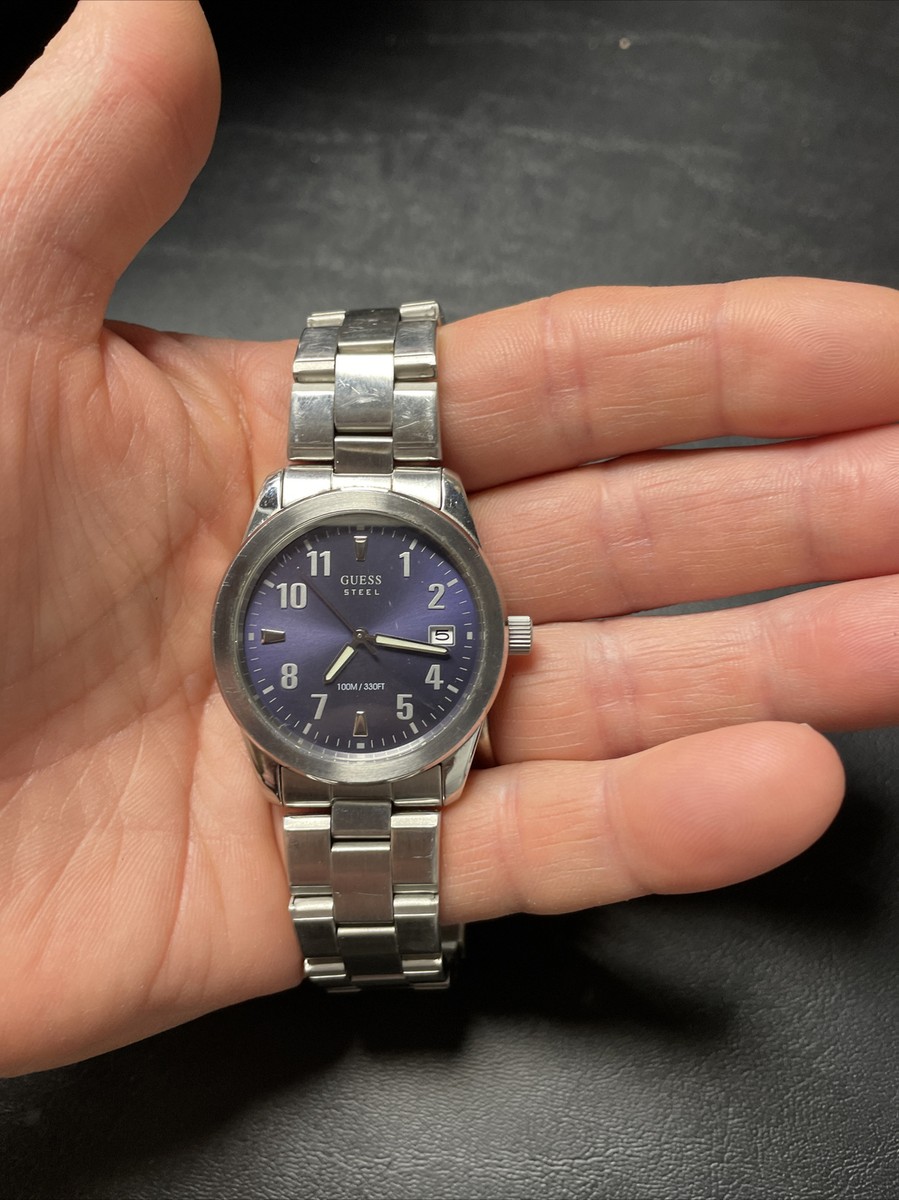 Guess steel mens 100m watch with blue face