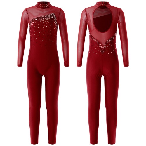Girl Gymnastics Leotard Rhinestone Long Sleeve Full Body Ballet Dance Costume - Picture 2 of 117