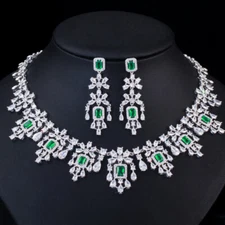 Luxury Fashion Green Cubic Zirconia CZ Women Wedding Party Necklace Earrings Set