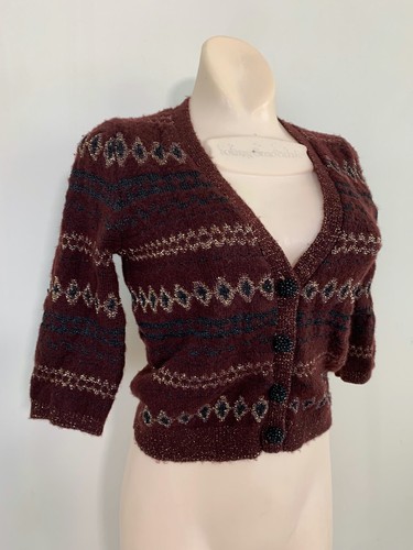 ZARA Maroon GEN BUTTONE CARDIGAN V NECK SHORT SLEEVE SIZE M Medium #4549 - Picture 2 of 5
