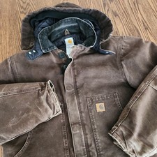 VTG Carhartt J22 DKB Arctic Canvas Lined Work Jacket W/ Hood Large Brown Coat