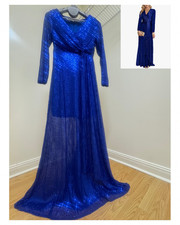 Royal Blue Sequin Dress Maxi Long Sleeve for Women V Neck Formalwear Party Dress