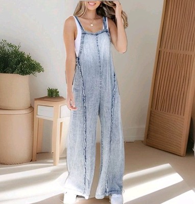 Eesome Jumpsuit Womens Large Blue Denim Light Wash Adjustable Straps Wide Leg