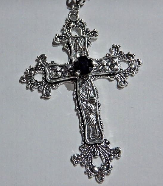 Large Gothic Cross Necklace silver-tone pendant with glass stone, on 24" steel