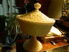 Vintage Fenton Spanish Lace Milk Glass Footed Covered Dish w/Silver Crest Edge