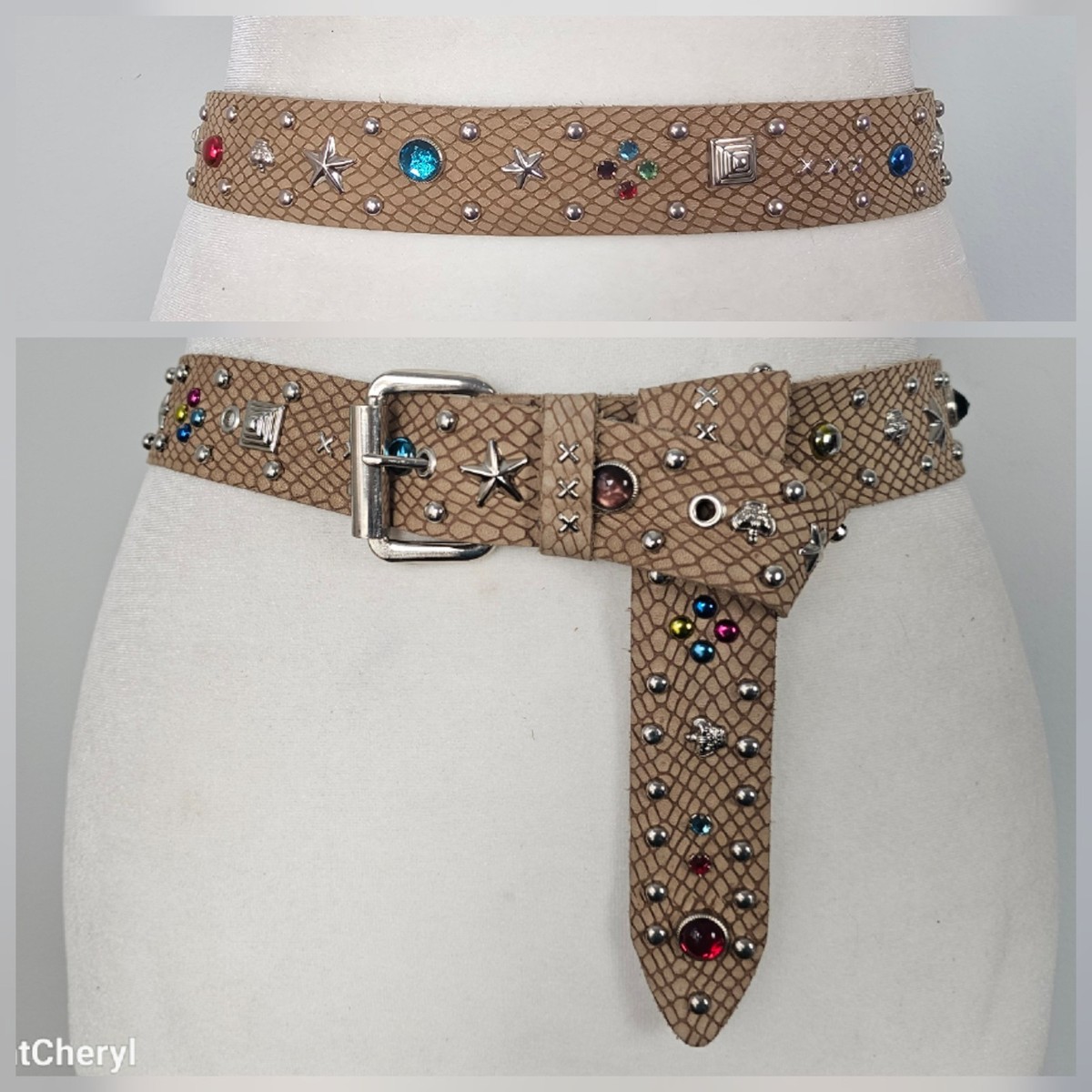 1980’s Vintage Leather Silver Studded Rhinestone Belt Rockabilly Badass Vintage 80 main image 2