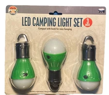 LED Camping Light Set - Portable Battery Lights w/ Hook -3 Pack Green NEW NOS