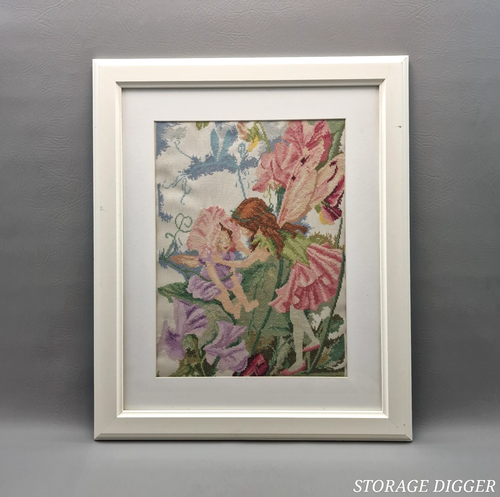 VTG Handmade Flower Fairies Finished Cross Stitch, IKEA Frame 22.5" x 18.5" - Picture 1 of 9