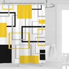 Shower Curtain 60x72 Inch Yellow Black Abstract Geometric Checkered Modern Set