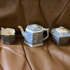 Ridgway Oriental Blue Transferware Scene Gold Trim Childs Mini Tea Set