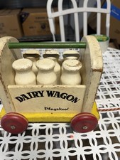 Vintage Play School Dinky Dairy Pull Toy With 6 Milk Bottles