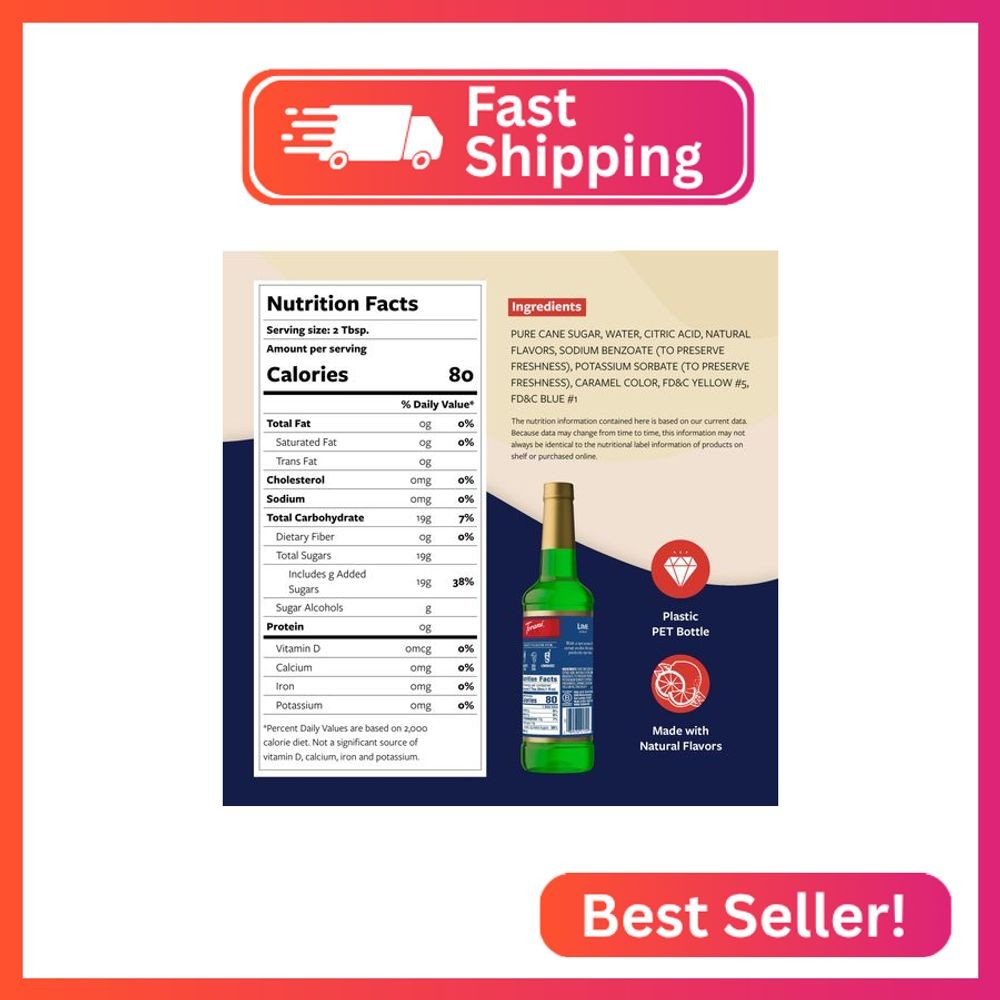 Torani Lime Syrup for Drinks, Flavoring for Iced Tea, Limeade, and Sodas, Pump I