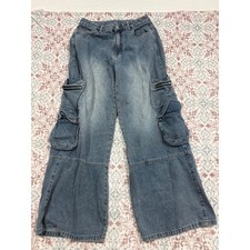 Romwe Womens Blue Wide Leg Cargo Jeans Baggy Y2K Utility Pants Size L 8/10