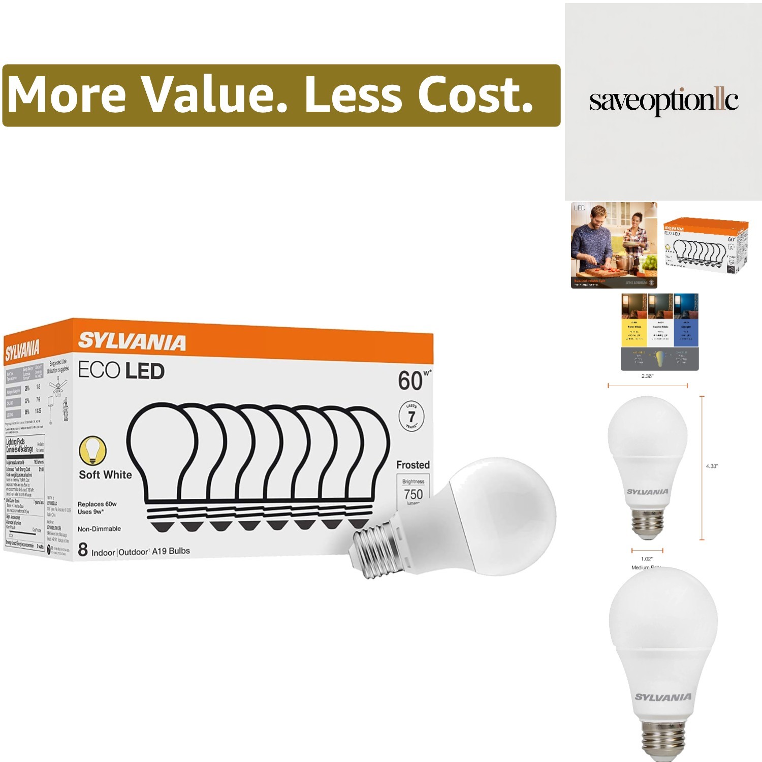 Sylvania ECO LED Light Bulb, A19 60W Equivalent, Efficient 9