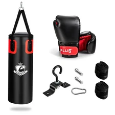 56 Lbs Filled Punching Bag Set w/ 95” Hand Wraps & Padded Boxing Gloves Hanger