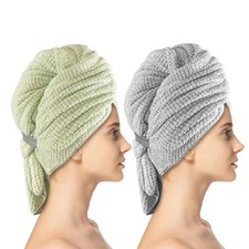 2 Pack Microfiber Hair Towel Wrap, Soft, Anti Frizz, Elastic, Grey, Green