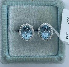 Lab-Created Aquamarine 2.00Ct Oval Cut Halo Stud Earrings 14K White Gold Plated
