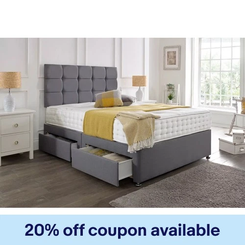 LUXURY GREY FABRIC DIVAN BED SET WITH MATTRESS & HEADBOARD